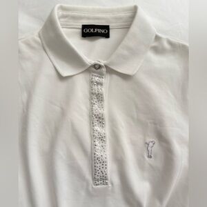 GOLFINO Christals & Sliver Thread Embellishment White Short Sleeve Golf Polo NEW